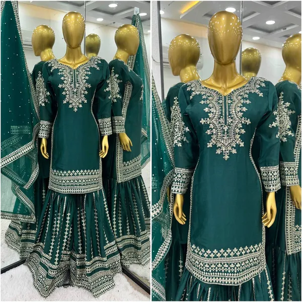 Green_Pure_Chinnon_Silk_Fully_Sequence_Embroidered_Gharara_Salwar_Suit_With_Dupatta