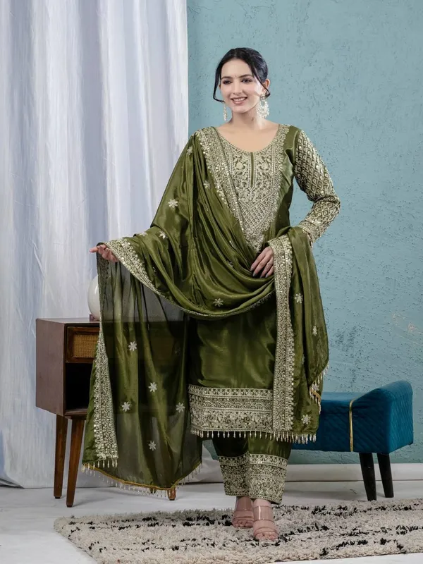Green_Pure_Chinnon_Silk_Coding_Sequence_Embroidered_Salwar_Suit_With_Dupatta