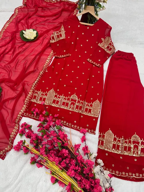 Red_Georgette_Fully_Embroidered_Sequence_Work_Salwar_Suit_With_Dupatta