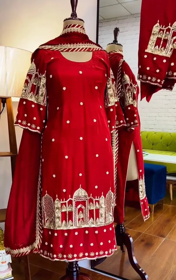 Red_Georgette_Fully_Embroidered_Sequence_Work_Salwar_Suit_With_Dupatta