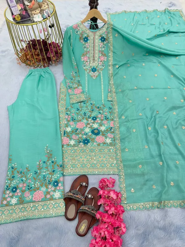 Light_Green_Chinnon_Silk_Heavy_Embroidery_With_Diamond_Work_Salwar_Suit_With_Dupatta