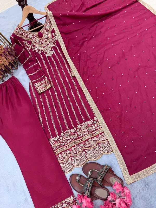 Maroon_Chinnon_Silk_Embroidered_With_Rivet_Moti_Work_Salwar_Suit_With_Dupatta