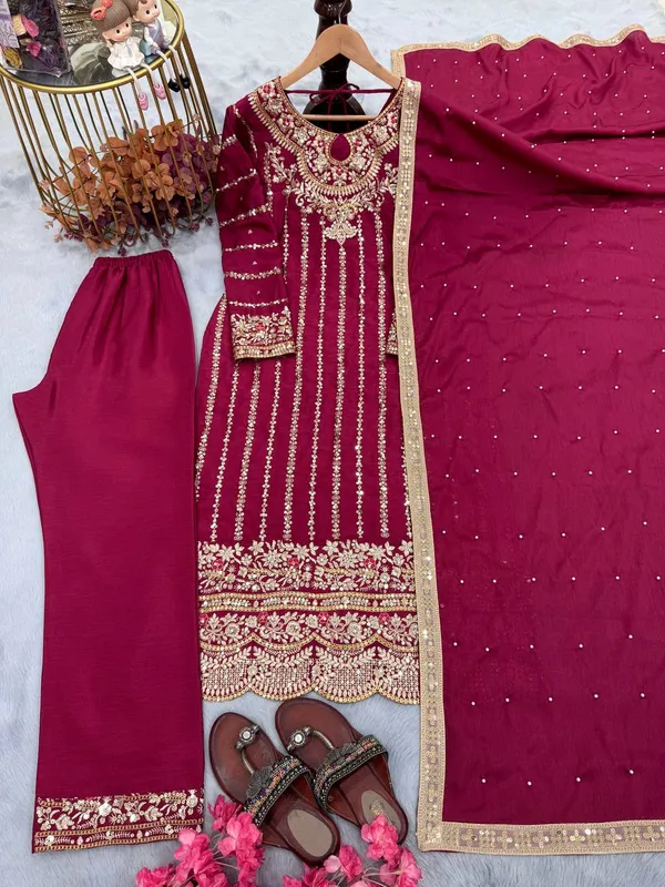 Maroon_Chinnon_Silk_Embroidered_With_Rivet_Moti_Work_Salwar_Suit_With_Dupatta