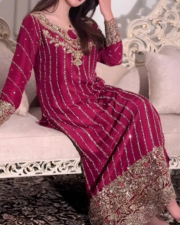 Maroon_Chinnon_Silk_Embroidered_With_Rivet_Moti_Work_Salwar_Suit_With_Dupatta