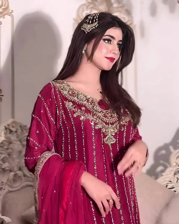 Maroon_Chinnon_Silk_Embroidered_With_Rivet_Moti_Work_Salwar_Suit_With_Dupatta