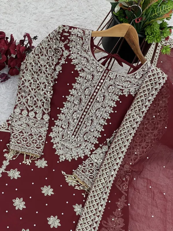 Maroon_Faux_Georgette_Heavy_Embroidery_Sequence_&_Moti_Work_Salwar_Suit_With_Dupatta