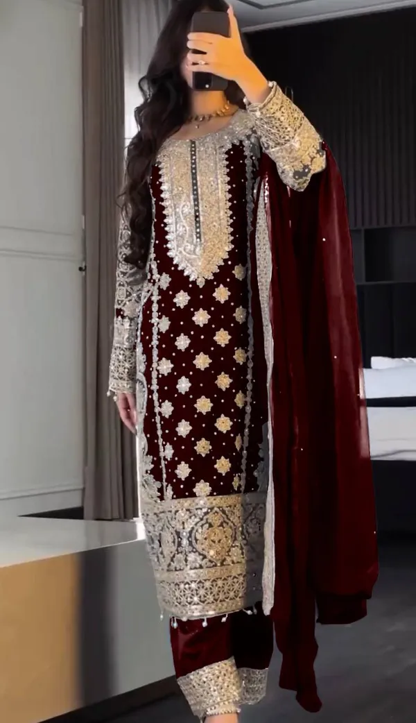 Maroon_Faux_Georgette_Heavy_Embroidery_Sequence_&_Moti_Work_Salwar_Suit_With_Dupatta