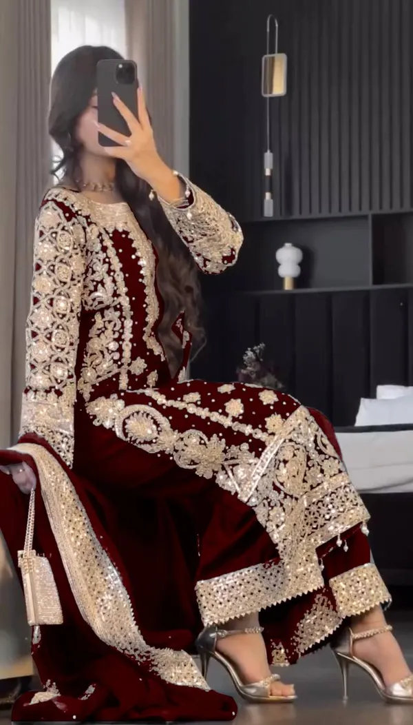 Maroon_Faux_Georgette_Heavy_Embroidery_Sequence_&_Moti_Work_Salwar_Suit_With_Dupatta