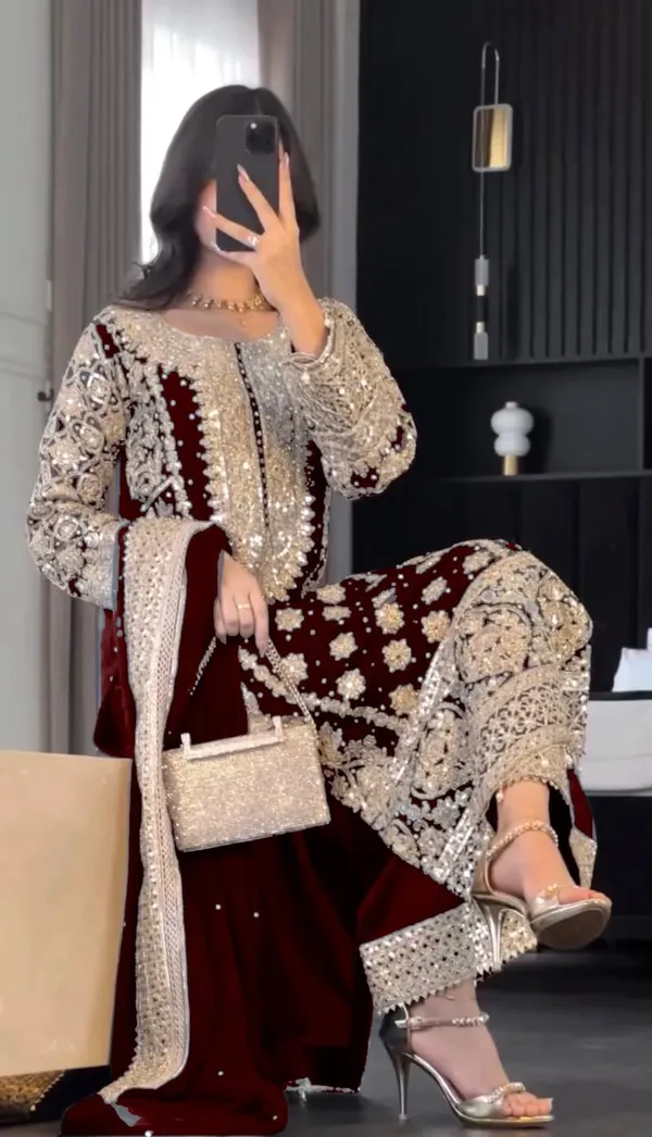 Maroon_Faux_Georgette_Heavy_Embroidery_Sequence_&_Moti_Work_Salwar_Suit_With_Dupatta