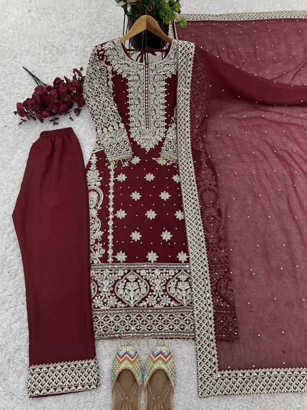 Maroon_Faux_Georgette_Heavy_Embroidery_Sequence_&_Moti_Work_Salwar_Suit_With_Dupatta