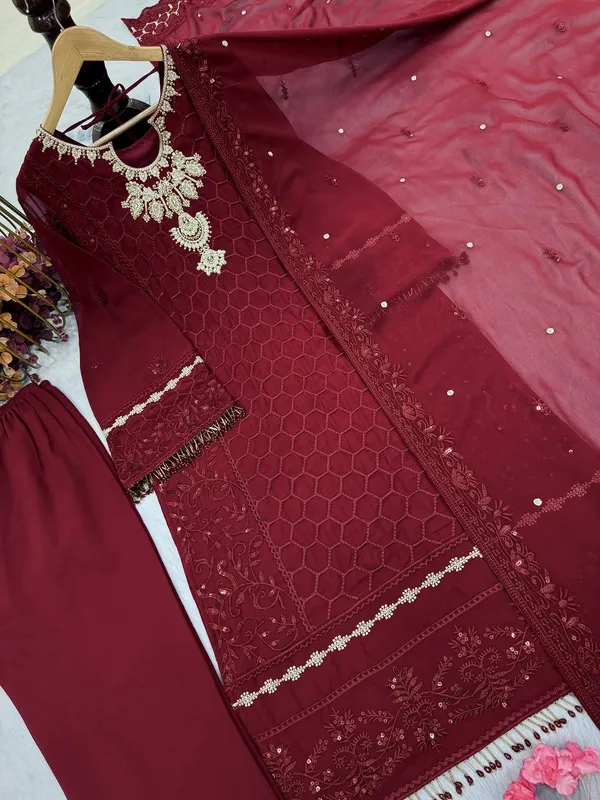Maroon_Georgette_Embroidered_With_Moti_Diamond_Work_Salwar_Suit_With_Dupatta