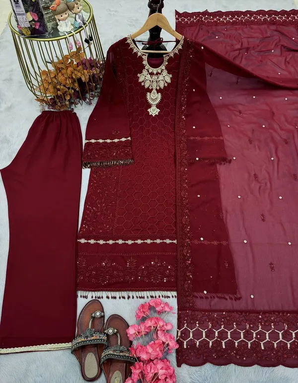 Maroon_Georgette_Embroidered_With_Moti_Diamond_Work_Salwar_Suit_With_Dupatta