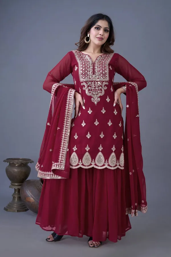 Maroon_Heavy_Georgette_Embroidered_Gharara_Salwar_Suit_With_Dupatta