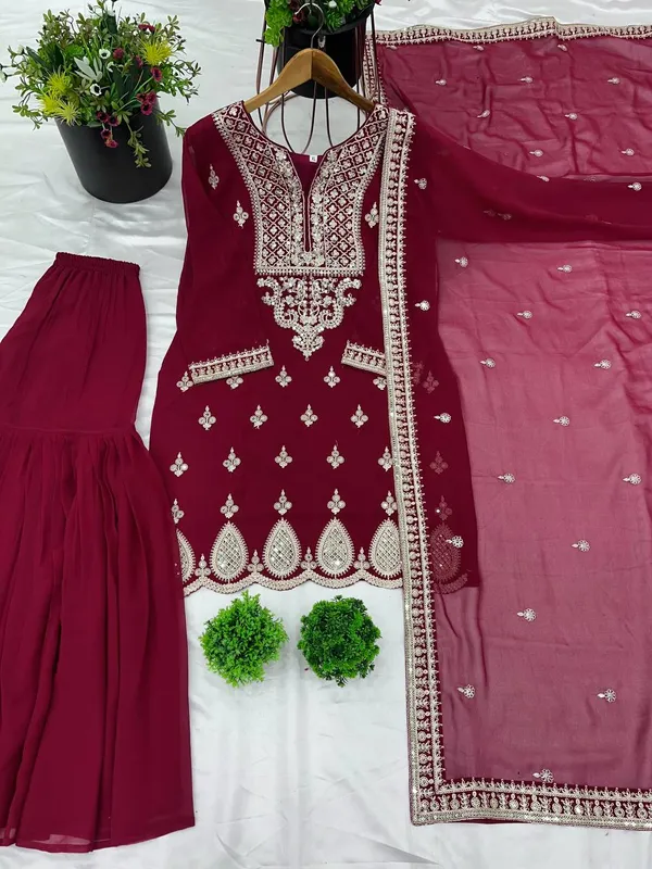 Maroon_Heavy_Georgette_Embroidered_Gharara_Salwar_Suit_With_Dupatta
