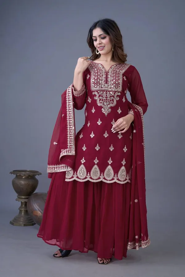 Maroon_Heavy_Georgette_Embroidered_Gharara_Salwar_Suit_With_Dupatta