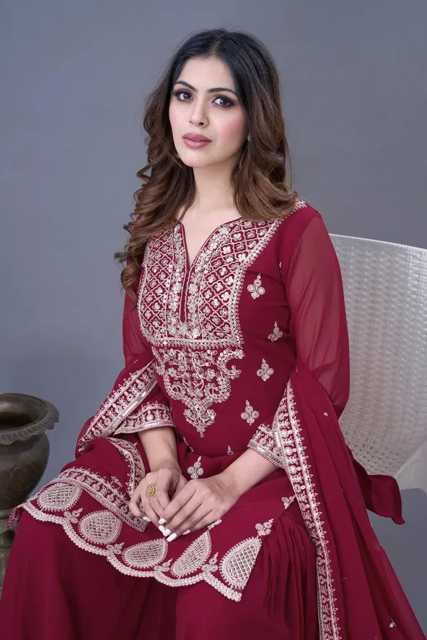 Maroon_Heavy_Georgette_Embroidered_Gharara_Salwar_Suit_With_Dupatta