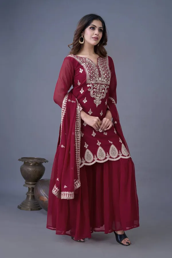 Maroon_Heavy_Georgette_Embroidered_Gharara_Salwar_Suit_With_Dupatta