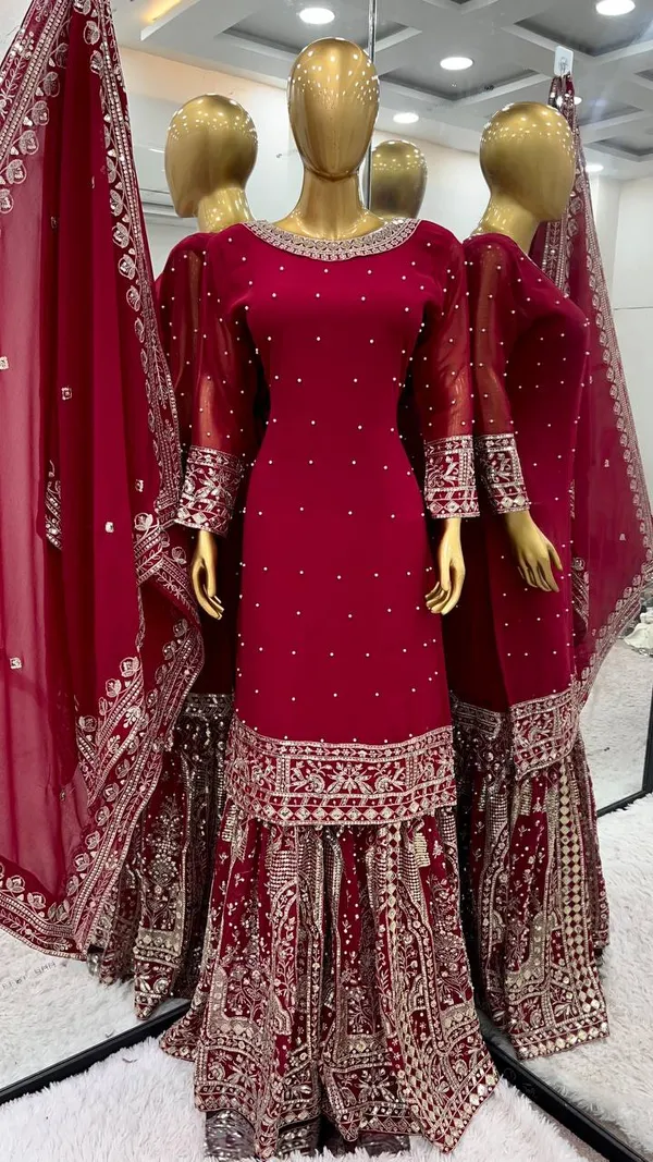 Maroon_Heavy_Georgette_Sequence_Embroidered_&_Moti_Work_Gharara_Salwar_Suit_With_Dupatta