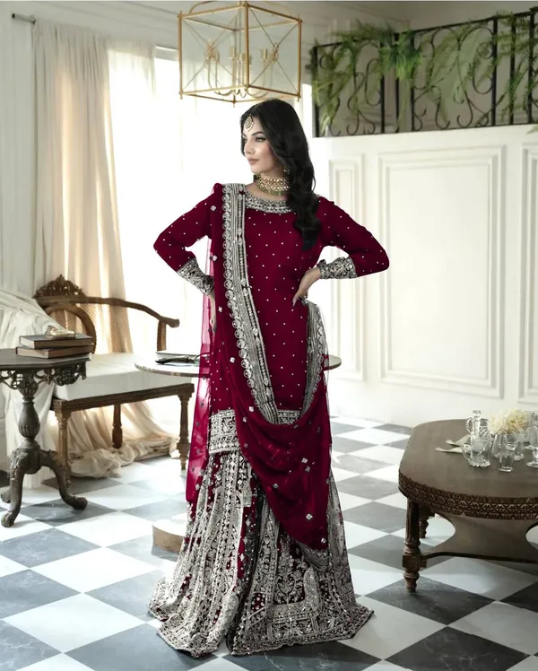 Maroon_Heavy_Georgette_Sequence_Embroidered_&_Moti_Work_Gharara_Salwar_Suit_With_Dupatta