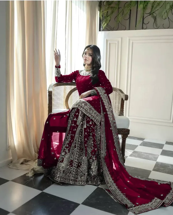 Maroon_Heavy_Georgette_Sequence_Embroidered_&_Moti_Work_Gharara_Salwar_Suit_With_Dupatta