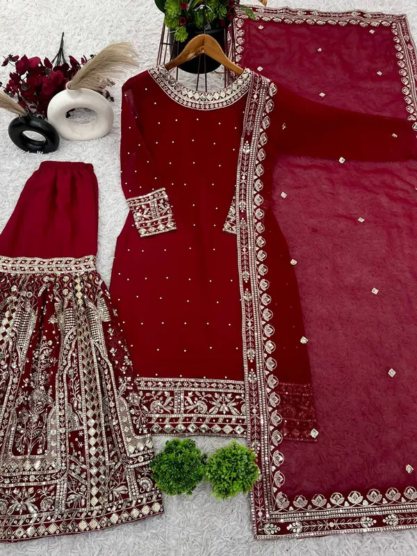 Maroon_Heavy_Georgette_Sequence_Embroidered_&_Moti_Work_Gharara_Salwar_Suit_With_Dupatta