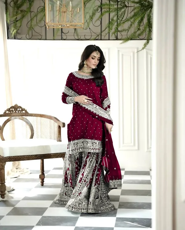 Maroon_Heavy_Georgette_Sequence_Embroidered_&_Moti_Work_Gharara_Salwar_Suit_With_Dupatta
