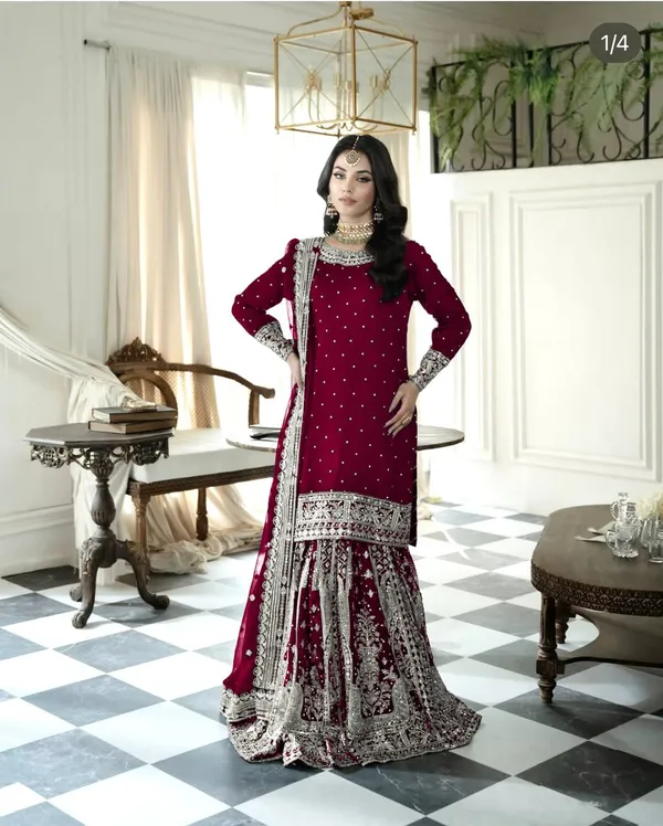Maroon_Heavy_Georgette_Sequence_Embroidered_&_Moti_Work_Gharara_Salwar_Suit_With_Dupatta