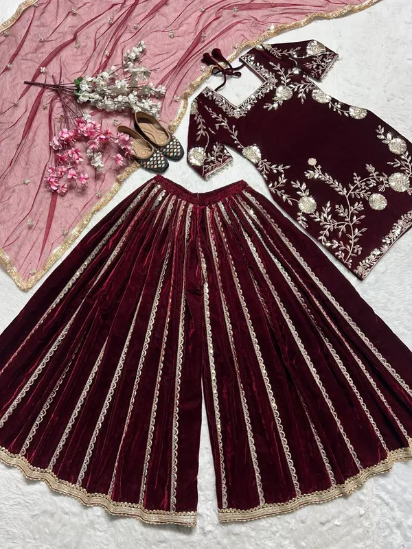 Maroon_Pure_Velvet_Sequence_Embroidered_Sharara_Salwar_Suit_With_Dupatta