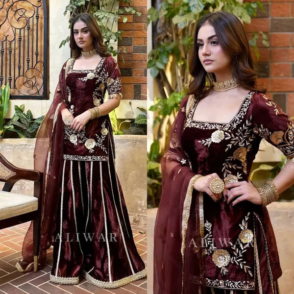 Maroon_Pure_Velvet_Sequence_Embroidered_Sharara_Salwar_Suit_With_Dupatta