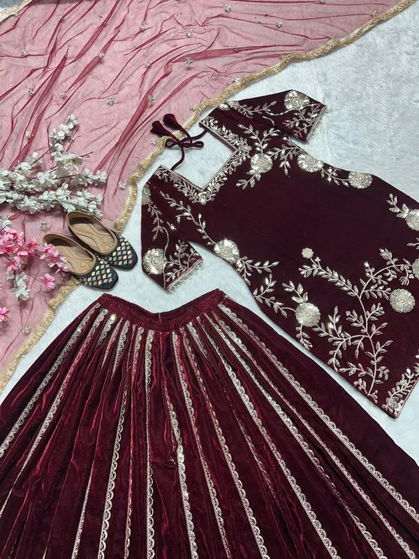Maroon_Pure_Velvet_Sequence_Embroidered_Sharara_Salwar_Suit_With_Dupatta