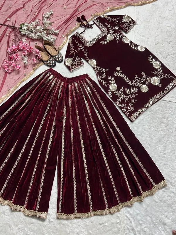 Maroon_Pure_Velvet_Sequence_Embroidered_Sharara_Salwar_Suit_With_Dupatta