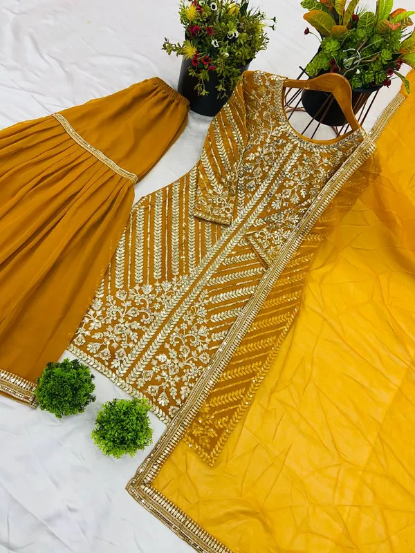 Mustard_Heavy_Faux_Georgette_Sequence_Embroidered_Sharara_Salwar_Suit_With_Dupatta
