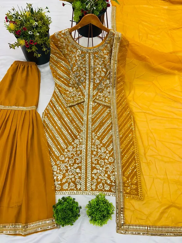 Mustard_Heavy_Faux_Georgette_Sequence_Embroidered_Sharara_Salwar_Suit_With_Dupatta