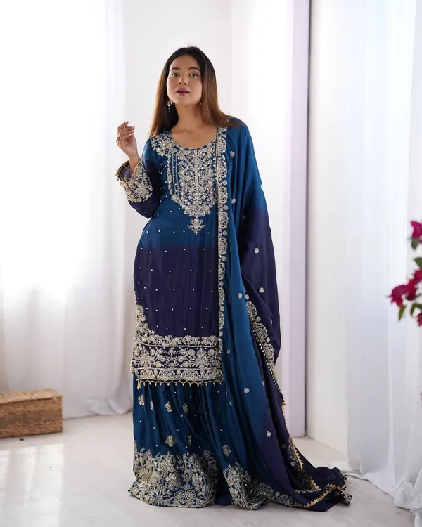 NAVY_BLUE_SHADED_CHINNON_SILK_CODING_SEQUENCE_EMBROIDERED_SHARARA_SALWAR_SUIT_WITH_DUPATTA