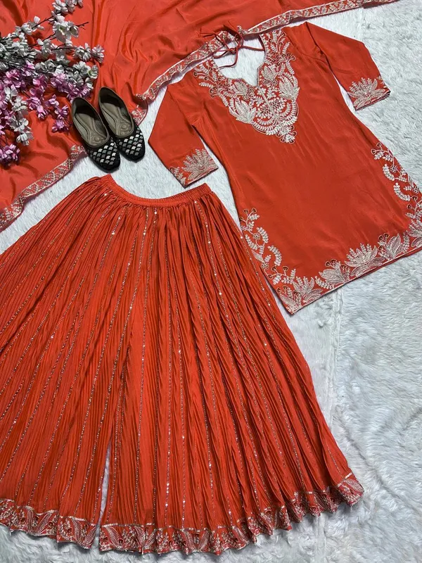 Orange_Pure_Chinnon_Silk_Embroidered_Sharara_Salwar_Suit_With_Dupatta