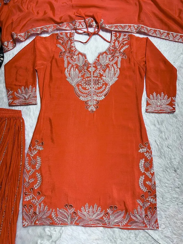 Orange_Pure_Chinnon_Silk_Embroidered_Sharara_Salwar_Suit_With_Dupatta