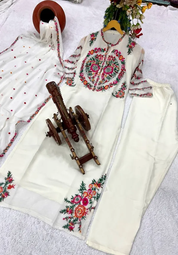 White_Attractive_Party_Wear_Faux_Georgette_Embroidered_Kurti_Set_With_Dupatta