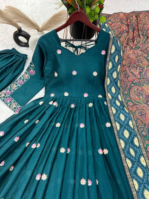 Teal_Pure_Chinnon_Embroidered_Anarkali_Kurta_Set_With_Bottom_And_Dupatta