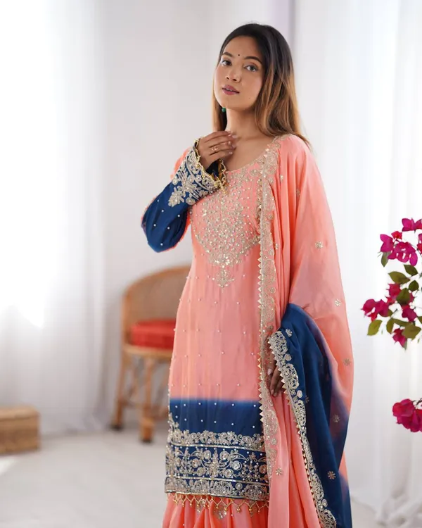 ORANGE_AND_BLUE_SHADED_CHINNON_SILK_CODING_SEQUENCE_EMBROIDERED_SHARARA_SALWAR_SUIT_WITH_DUPATTA