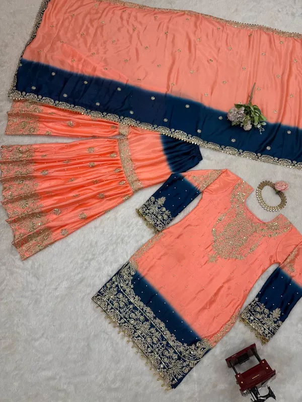 ORANGE_AND_BLUE_SHADED_CHINNON_SILK_CODING_SEQUENCE_EMBROIDERED_SHARARA_SALWAR_SUIT_WITH_DUPATTA