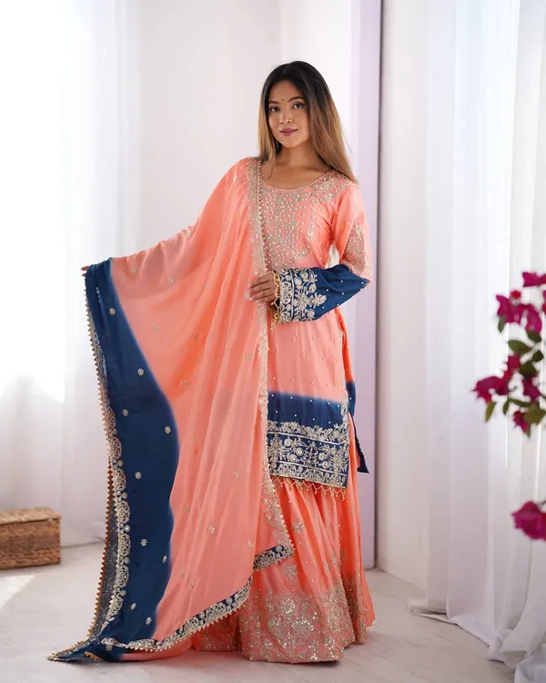 ORANGE_AND_BLUE_SHADED_CHINNON_SILK_CODING_SEQUENCE_EMBROIDERED_SHARARA_SALWAR_SUIT_WITH_DUPATTA