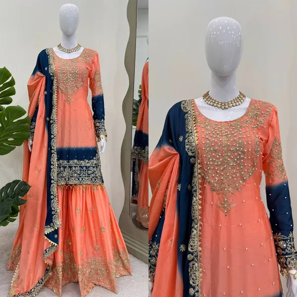ORANGE_AND_BLUE_SHADED_CHINNON_SILK_CODING_SEQUENCE_EMBROIDERED_SHARARA_SALWAR_SUIT_WITH_DUPATTA