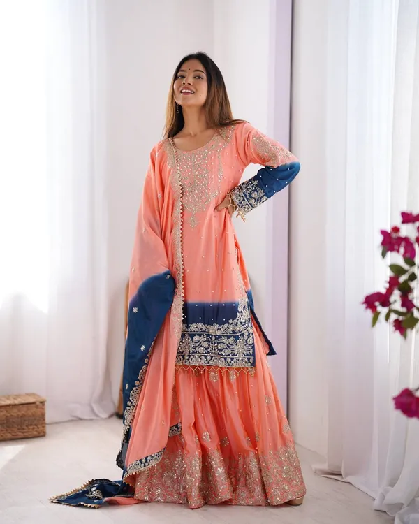 ORANGE_AND_BLUE_SHADED_CHINNON_SILK_CODING_SEQUENCE_EMBROIDERED_SHARARA_SALWAR_SUIT_WITH_DUPATTA