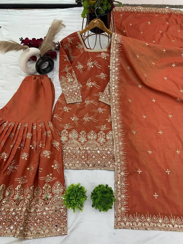 ORANGE_PURE_SHIMMER_SILK_SEQUENCE_EMBROIDERED_GHARARA_SALWAR_SUIT_WITH_DUPATTA