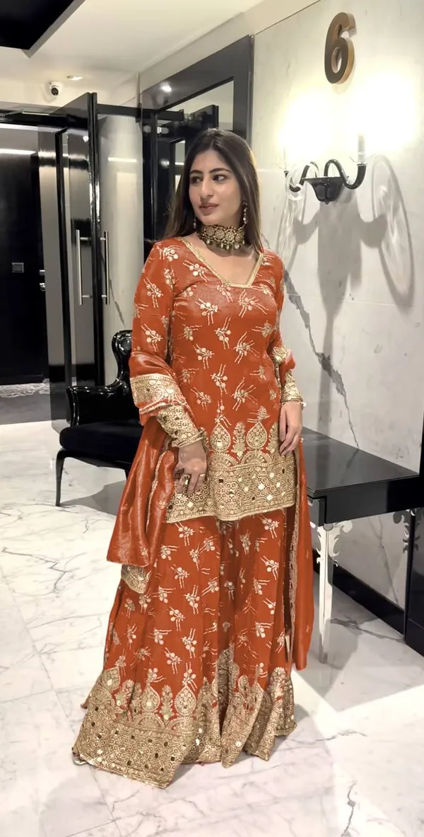 ORANGE_PURE_SHIMMER_SILK_SEQUENCE_EMBROIDERED_GHARARA_SALWAR_SUIT_WITH_DUPATTA