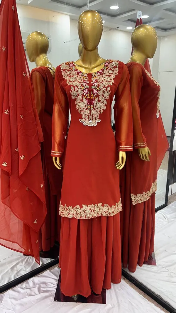 Orange_Heavy_Faux_Georgette_Sequence_Embroidered_Sharara_Salwar_Suit_With_Dupatta