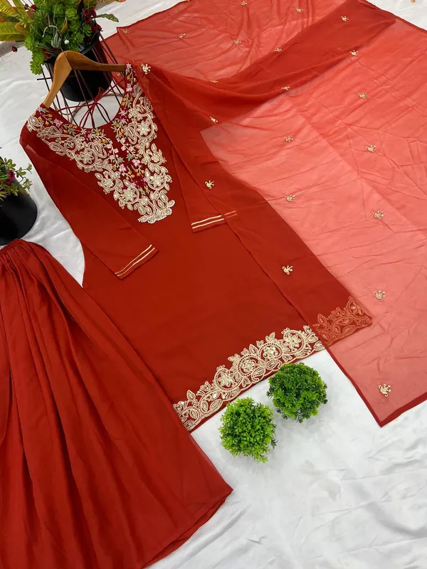 Orange_Heavy_Faux_Georgette_Sequence_Embroidered_Sharara_Salwar_Suit_With_Dupatta