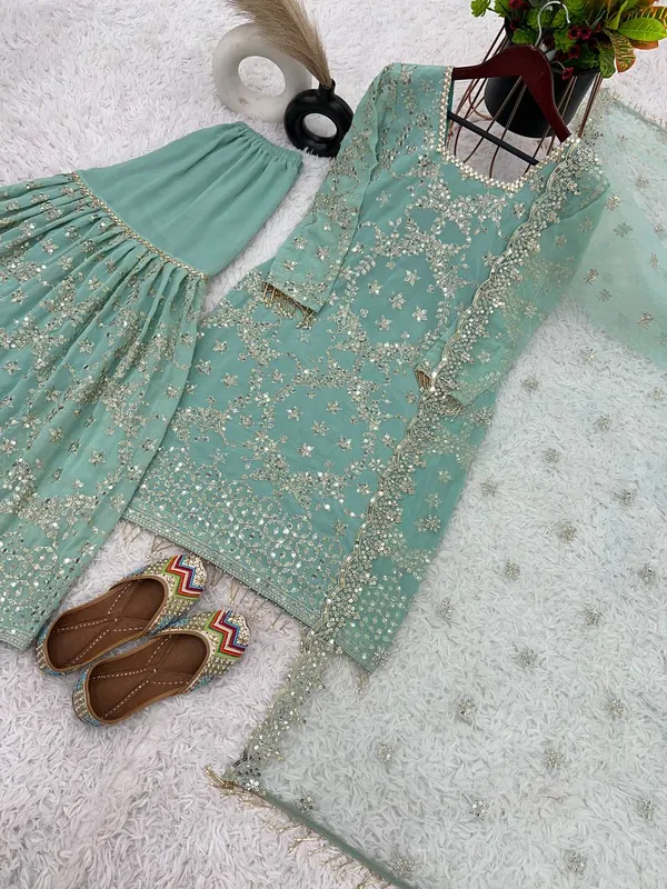 PISTA_GREEN_FAUX_GEORGETTE_SEQUENCE_EMBROIDERED_GHARARA_SALWAR_SUIT_WITH_DUPATTA