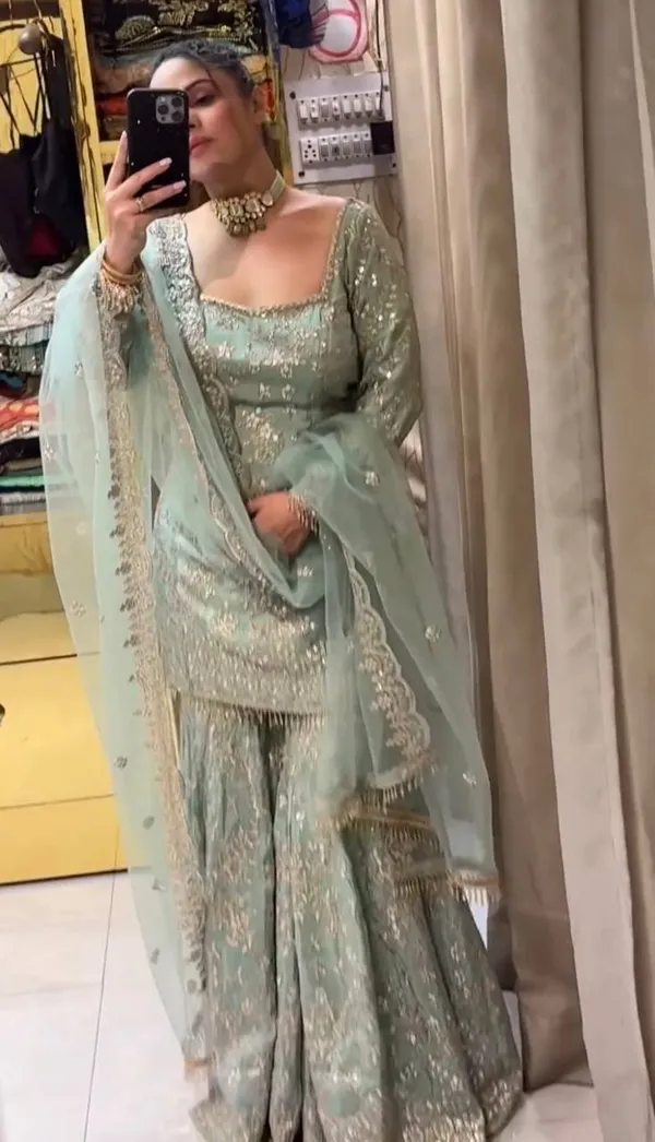 PISTA_GREEN_FAUX_GEORGETTE_SEQUENCE_EMBROIDERED_GHARARA_SALWAR_SUIT_WITH_DUPATTA