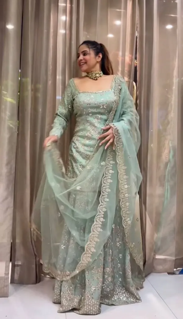PISTA_GREEN_FAUX_GEORGETTE_SEQUENCE_EMBROIDERED_GHARARA_SALWAR_SUIT_WITH_DUPATTA